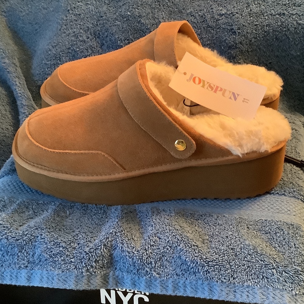Tan Faux-Shearling Platform Clogs — Slip-On Comfort